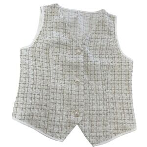 Rihoas Vest Womens Medium White Gold Tweed Pearl Button Sleeveless Dressy Top
